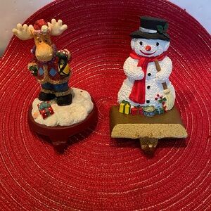 Vintage Set of 2, Moose and Snowman, on Cast Iron Base Mantel Stocking Holders